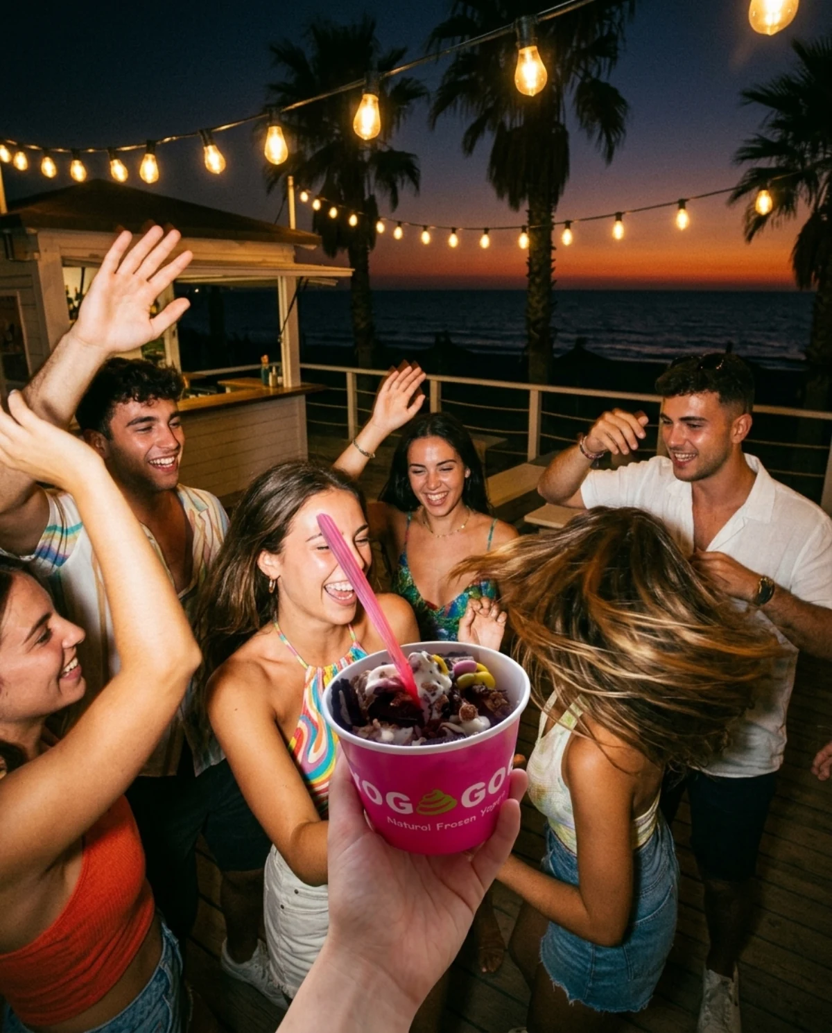 Sirviendo toppings sobre yogur helado en Ibiza